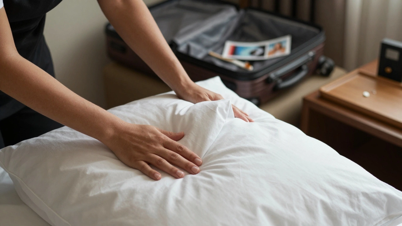 A housekeeper’s hands folding a pillow, the imprint of sleep still visible, with a suitcase and earring in the background.