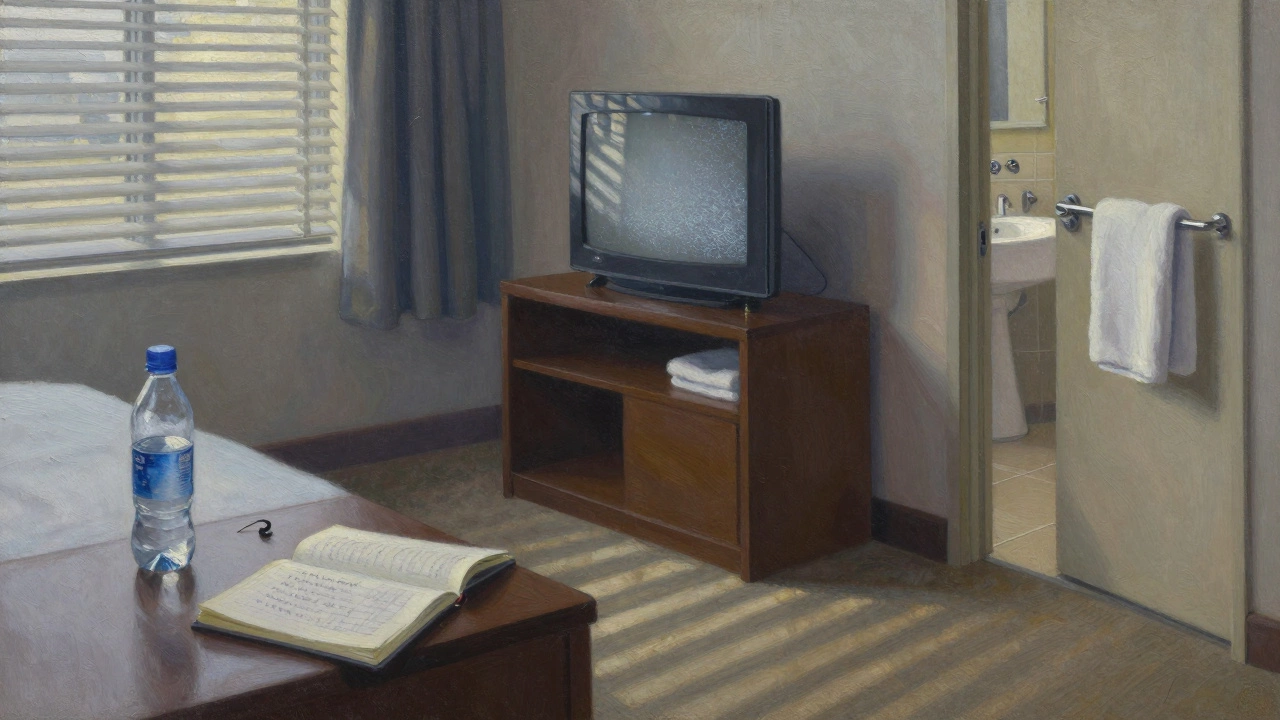 Dawn light stripes across an empty hotel room with a forgotten earring and open notepad on the nightstand.