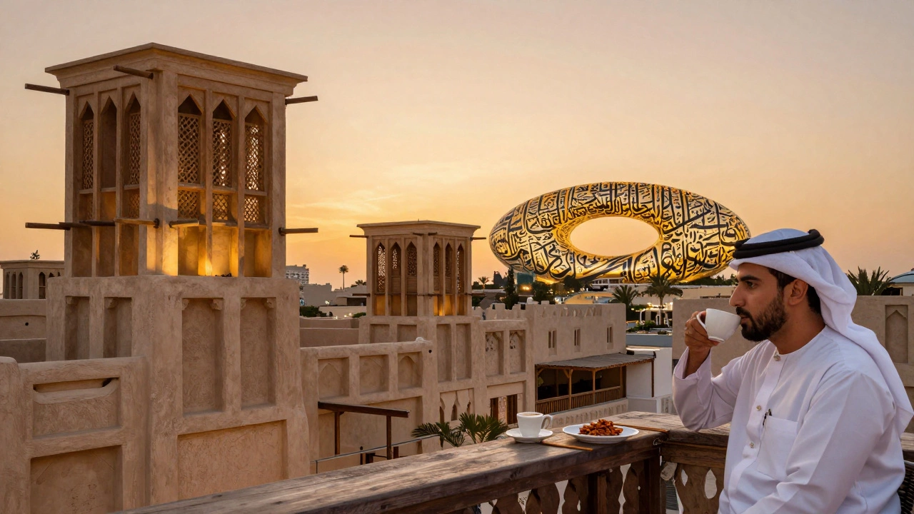Traditional wind-tower houses in Al Fahidi at sunset, with the Museum of the Future glowing in the distance.